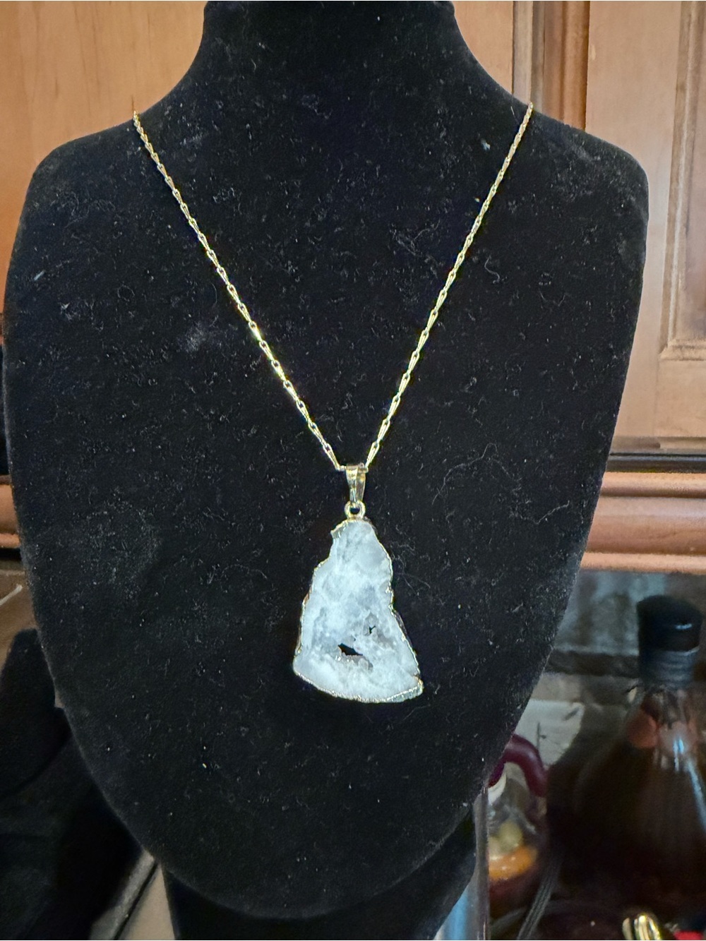 Gold Chain Necklace with White Druzy Slice Pendant